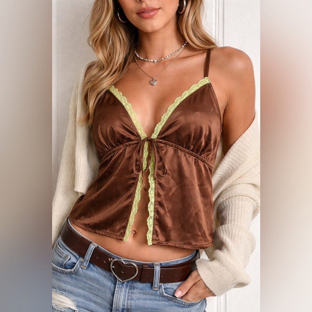 NWT Social Tourist Brown Satin Lace Trim Tie Front Cami Y2K Size L